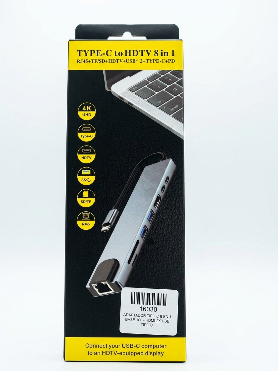 ADAPTADOR TIPO C8 EN 1 BASE100-HDMI-2 USB TIPO C -RJ4